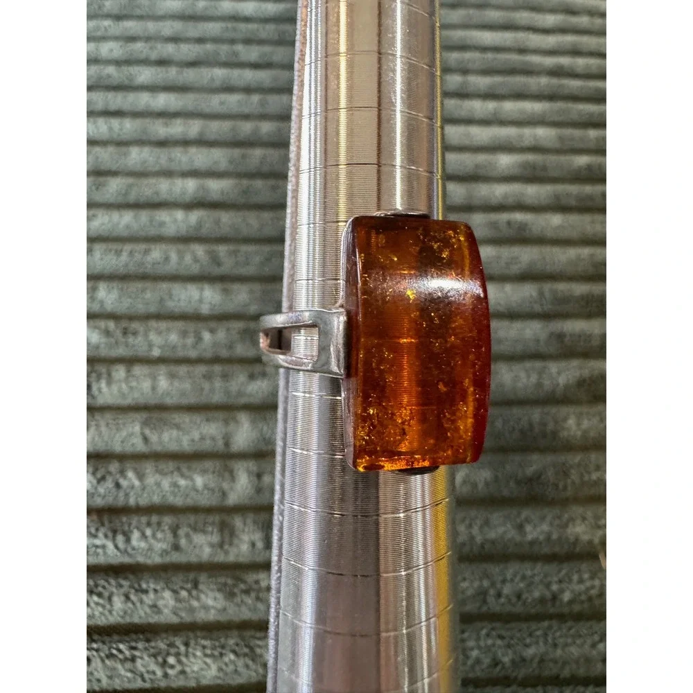 Sterling Silver 925 Amber Ring Statement Rectangle‎ Vintage Women Jewelry